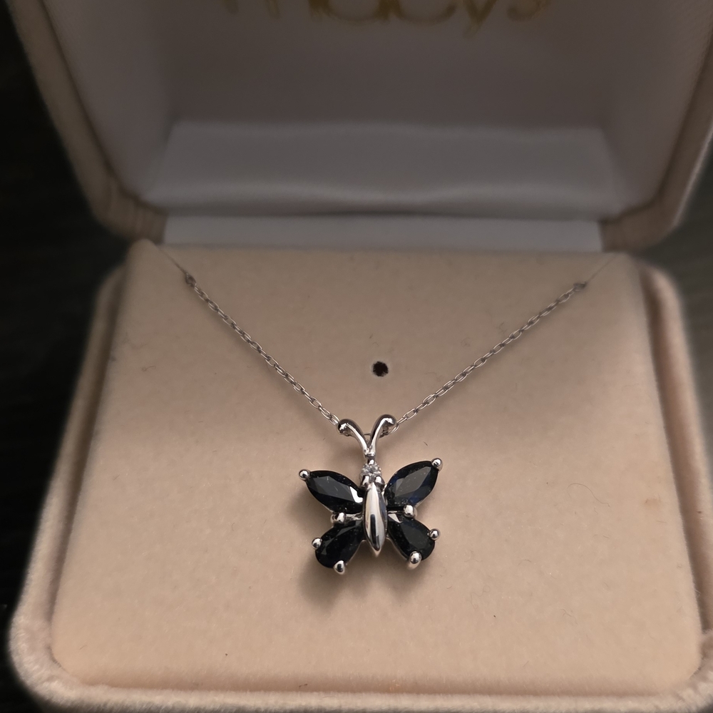 Elegant Blue Sapphire White Gold Butterfly Necklace orig $260